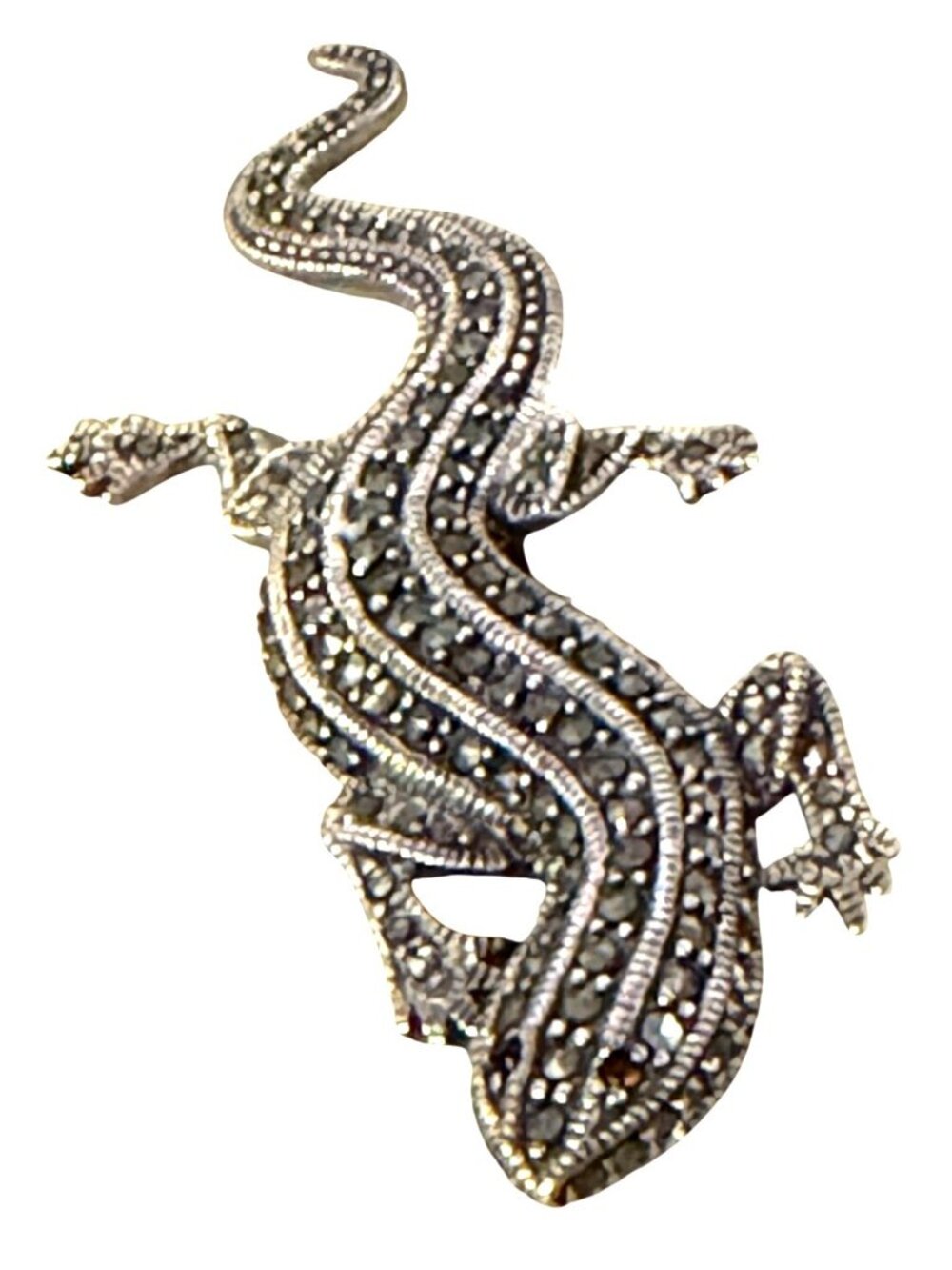 Vintage Signed 925 Lizard Gecko Brooch Pin Marcasite Garnet Eyes Textured 3" 13g - Picture 9 of 10